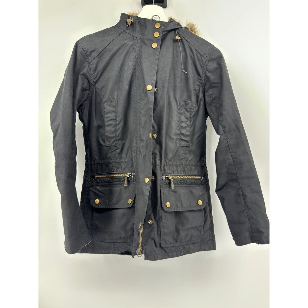Barbour Waxed Cotton Utility Jacket Black Faux Fur Hood Tartan Lining USA 4 UK 8
